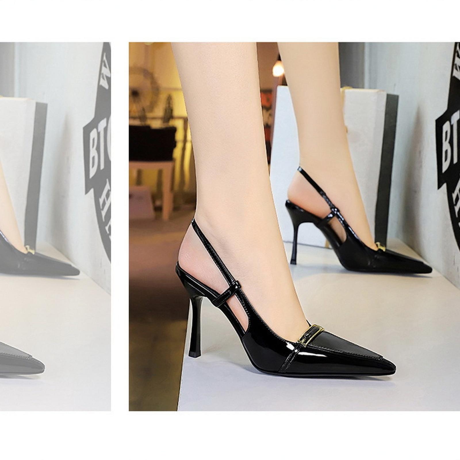 Women s Leather Metal Buckle Backless Stiletto Pumps 36