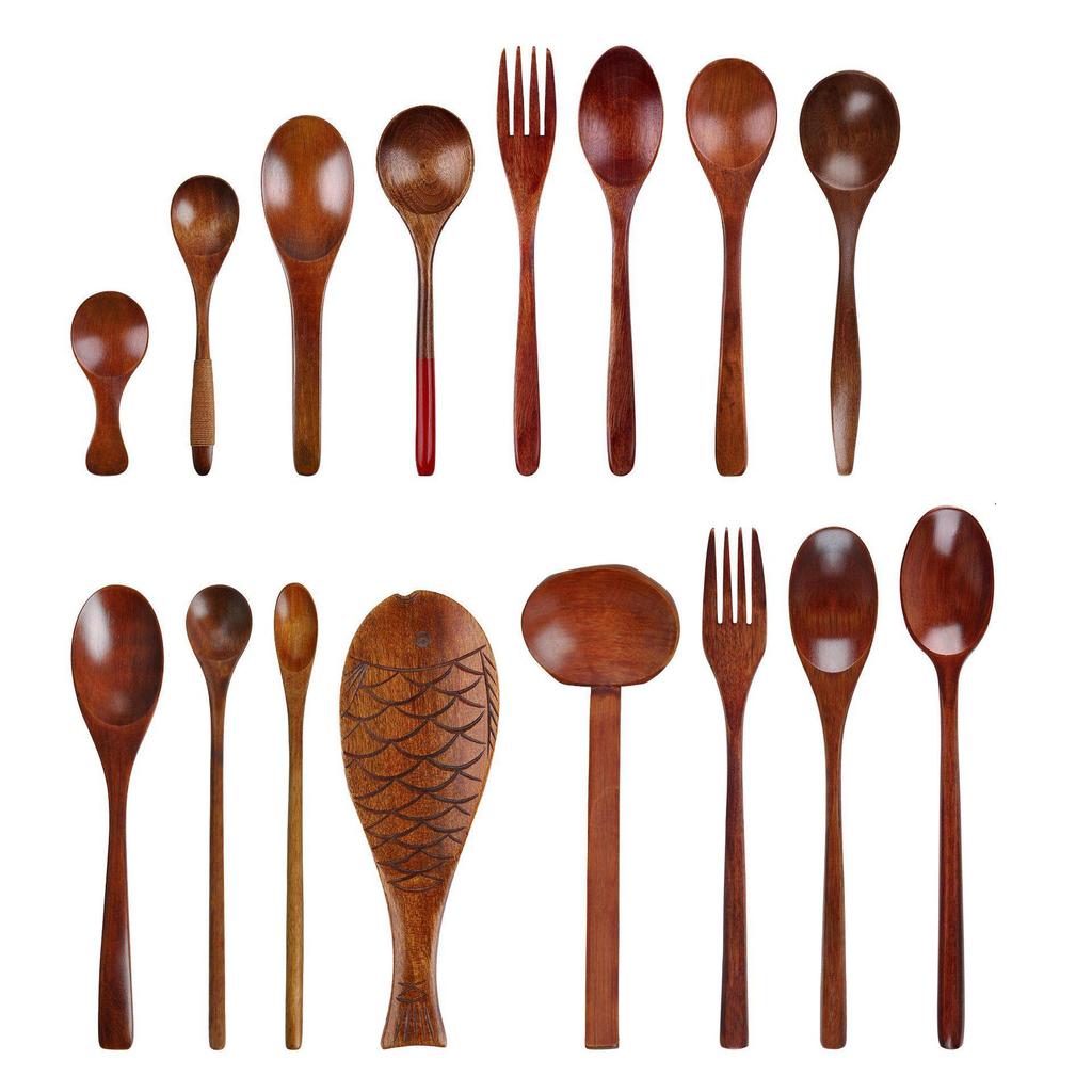 YFJY Wooden Long Handle Cooking Utensils: Coffee Spoon, Watermelon Spoon, Soup Spoon, Fork, Colander