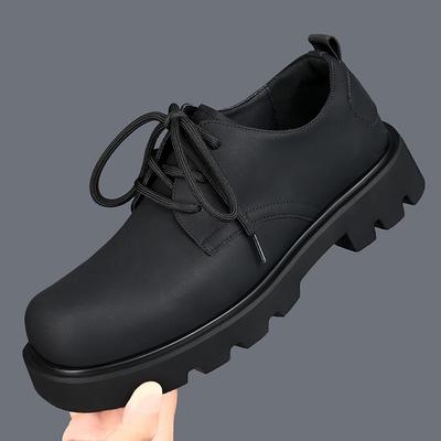 Sapatos Derby de Couro Masculinos Cano Baixo Botas Martin Cabeça Redonda Cabeça Grande Sapatos Pretos para Trabalho Sapatos Casuais de Couro com Plataforma