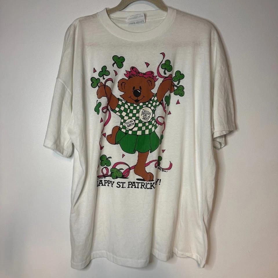 

VTG St Patricks Day Cute Teddy Bear Clover T-Shirt XXXL Glitter St Paddys 80s 3XL