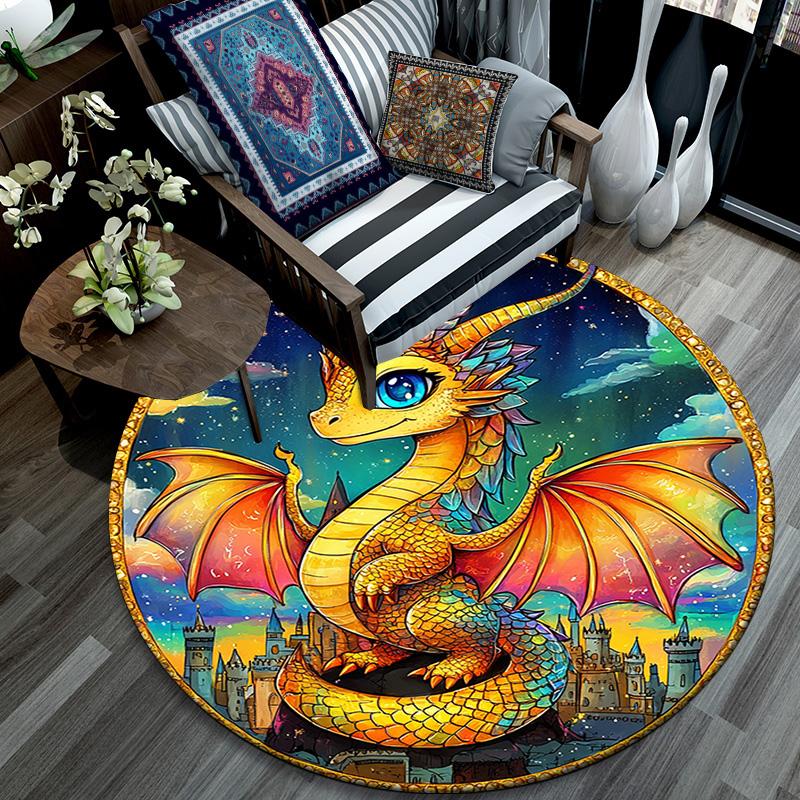 Fantasy Dragon Castle Round Area Rug,Carpet Rug for Living Room Bedroom Sofa Playroom Decor,Non-slip Floor Mat