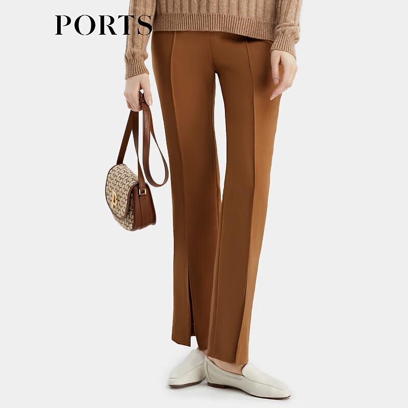 PORTS Women's Caramel Brown Slit Straight Leg Trousers