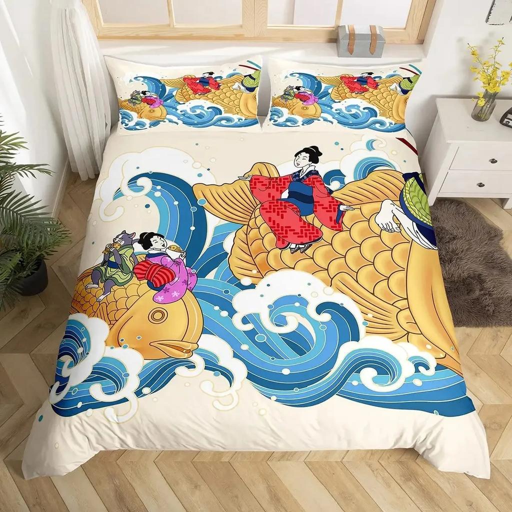 Lucky Cat Duvet Cover Set Japanese Style Hokusai Wave Pattern Bedding Sets Exotic Red Torii Gate Sun Decor Comforter Cover Set