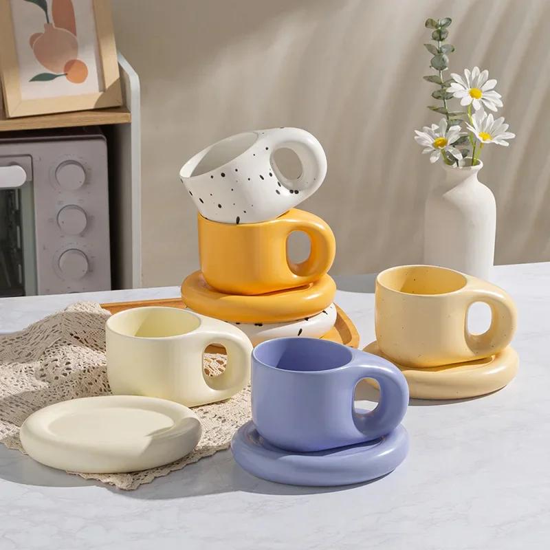 1Set 350ml Ceramic Coffee Chubby Mug Saucer Set Creative Cute Fat Handle Cup with Saucer for Office and Home Room Decor