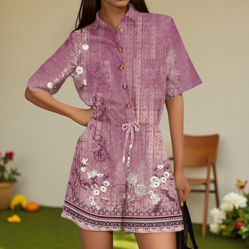 Damenmode V-Ausschnitt Jumpsuit Karomuster Lässig Kurzarm Top Jumpsuit