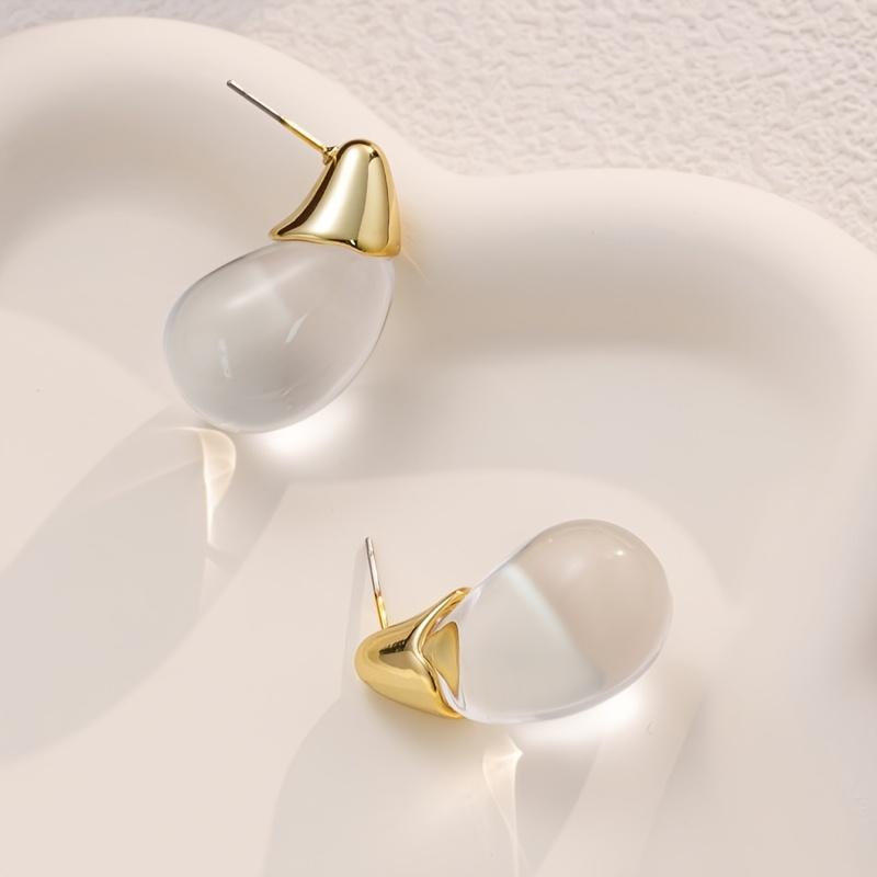 1 Pair Elegant Transparent Teardrop Earrings - Minimalist Chic Dangle Drops, KC Golden Plated for Women, Everyday & Party Jewelry