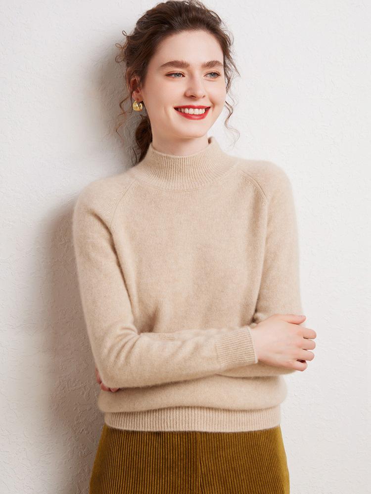 Women's 100% Pure Cashmere Sweater - Autumn/Winter Thick Half-High Collar Knit Base Layer, Loose Slimming Short Style
