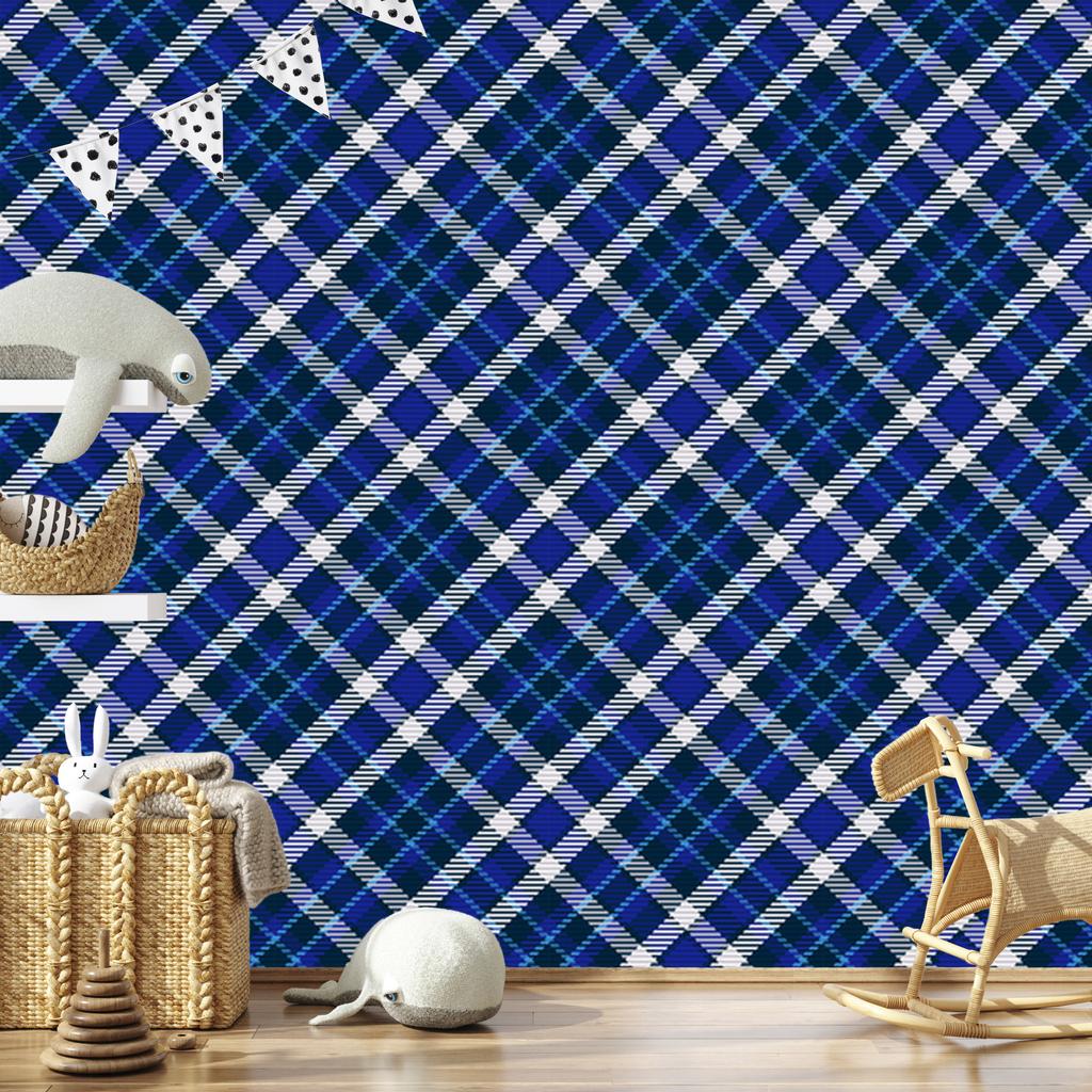 Blue Checkered Wallpaper, Blue, Navy Blue, and Light Gray, 50x1000
