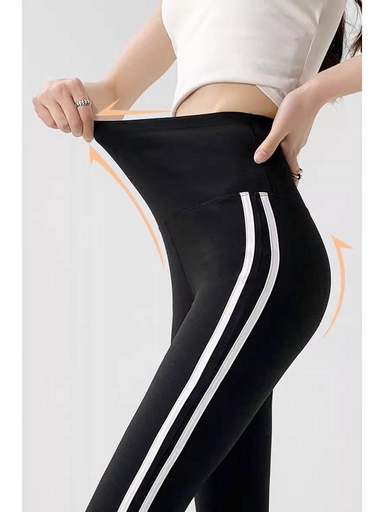 Black Striped Micro-Flare Sports Pants for Women - 2026 Spring Collection, High Waist Slimming Bell Bottoms, Plus Size, Extra Long.