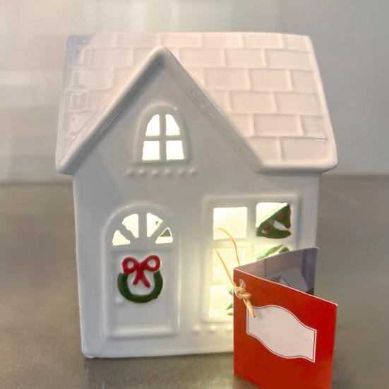 Christmas Village House Figurine LED Lighted White Small House Tabletop Decoration Winter Rustic Farmhouse Holiday Decor for Mantel Tabletop Room
