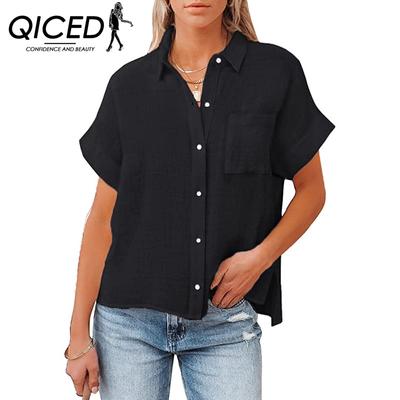 Women's Fashion Casual Summer Solid Color Print Short Sleeve POLO Neck Blouses & Shirts