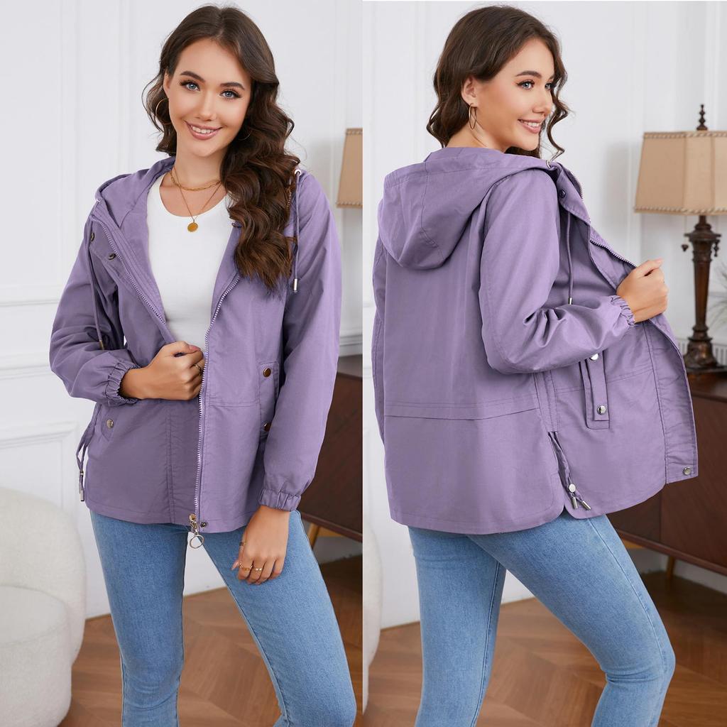 Damen Windjacke mit Kapuze und Reißverschluss, winddicht, einfarbig, lockerer Trenchcoat für Herbst und Winter, lässige Outdoor-Wanderbekleidung