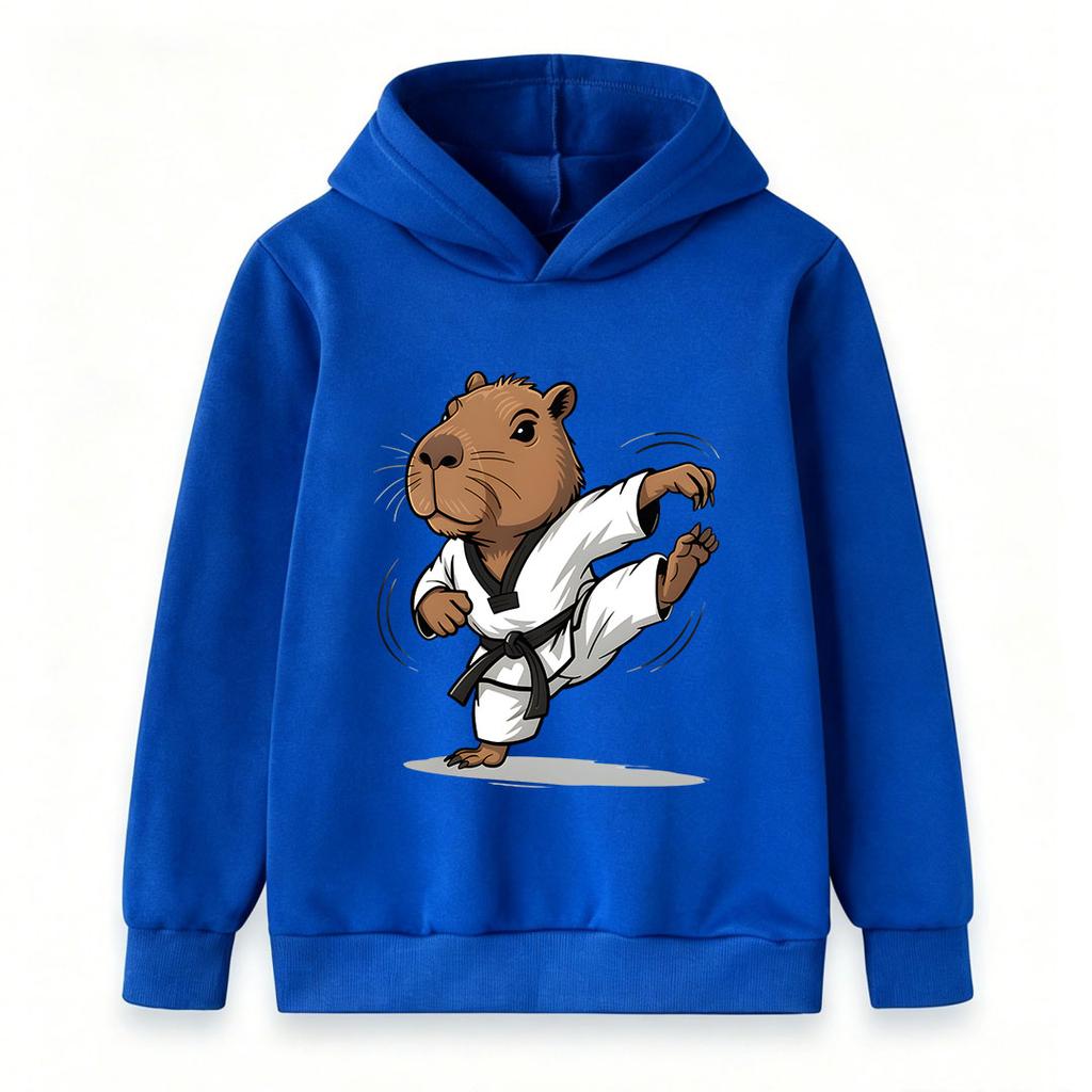 Kids Boys Girls Casual Pullover Hoodie, Funny Capybara Taekwondo Black Belt Karate Kick Cartoon Print Soft Hooded Sweatshirt for Children Daily Wear