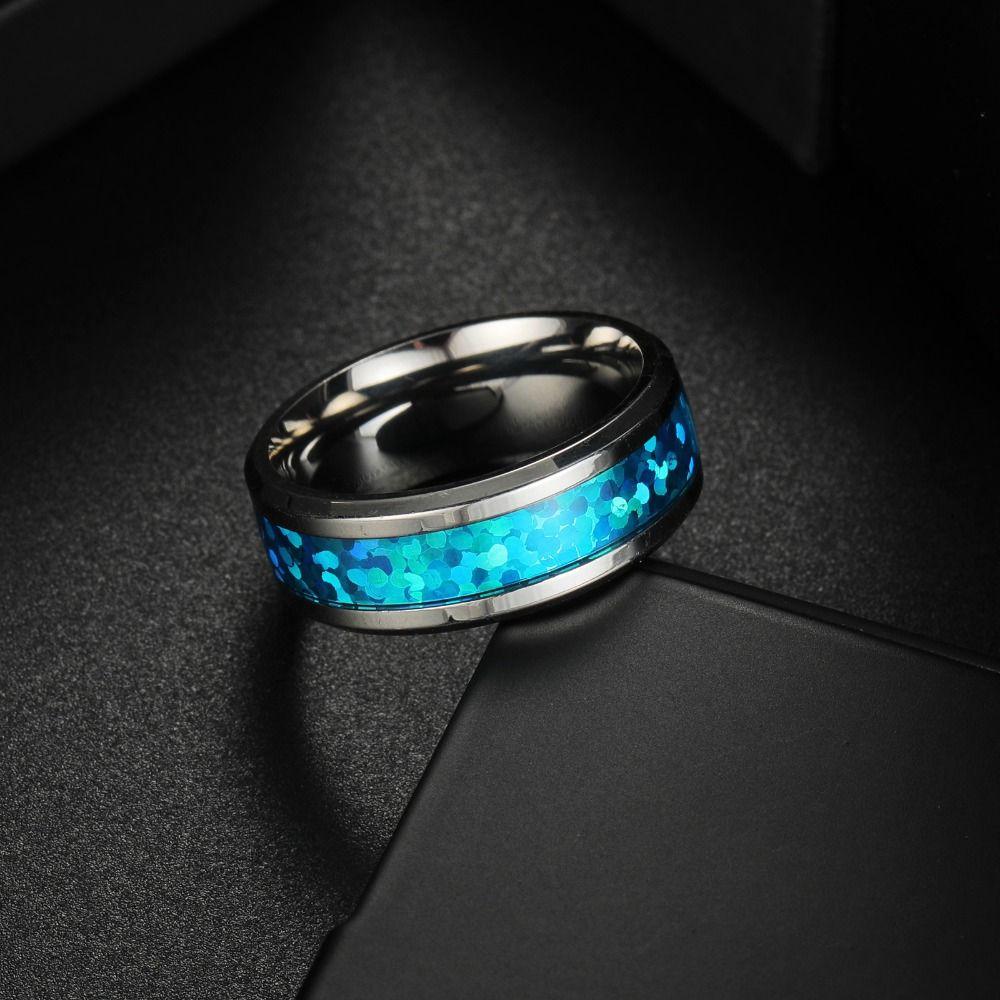 2PCS Stainless Steel Stainless Steel Wedding Ring Blue Opal Inlay Men Wedding Band Wedding Ceremony