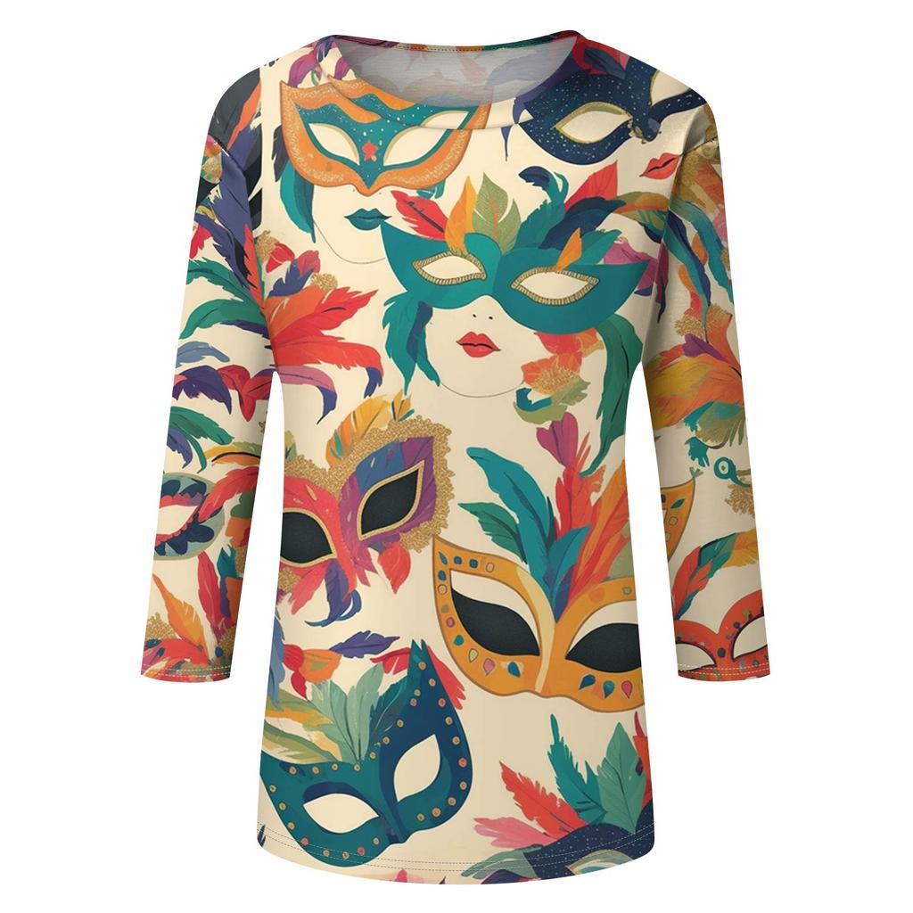 Women's Fashionable Casual Three-Quarter Sleeve Carnival Print Neck Top
