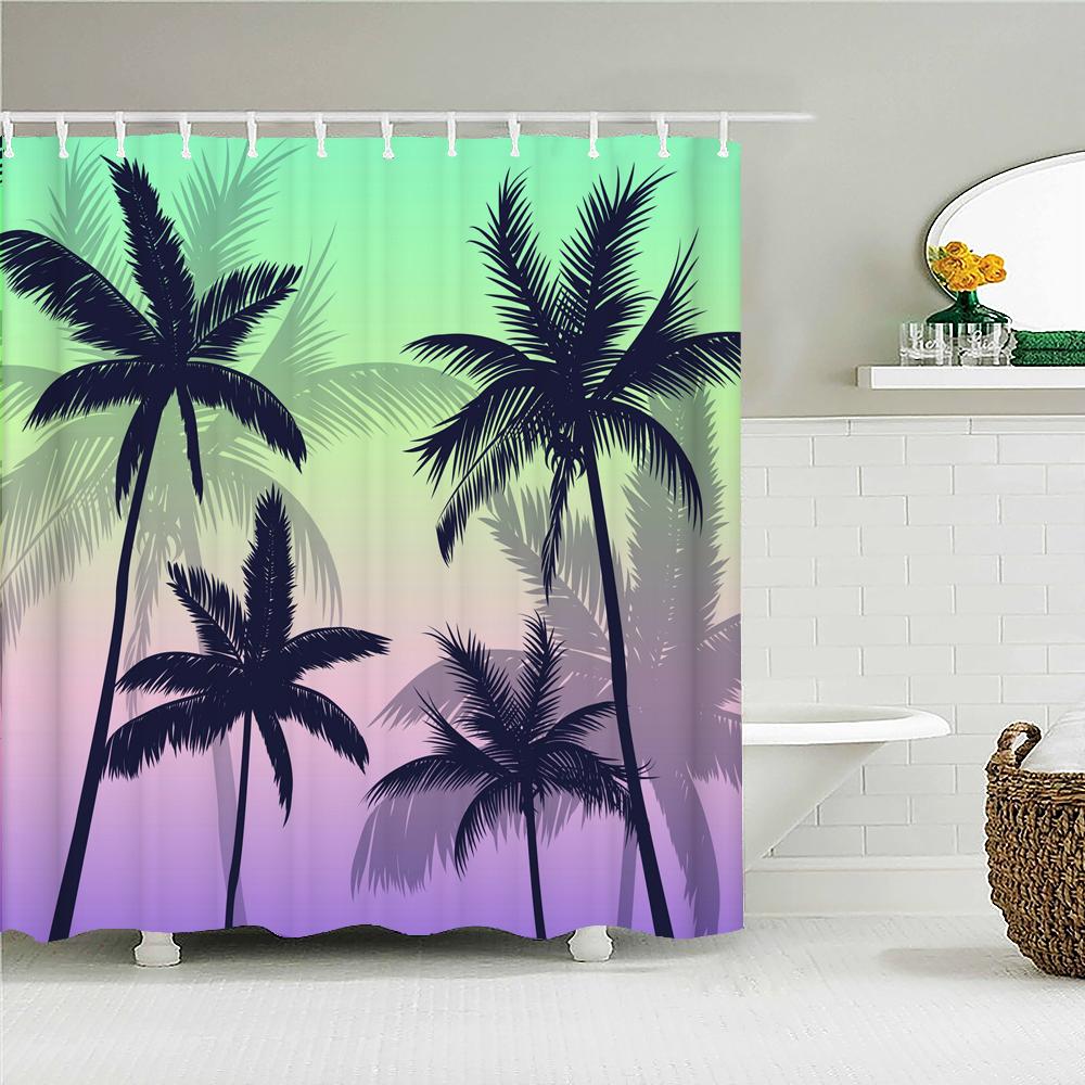 Sonnenlicht Strand Wasserdichtes Stoff Duschvorhänge 3D Druck Palme Badezimmervorhang Für Badezimmer Badewanne Dekoration Mit Haken