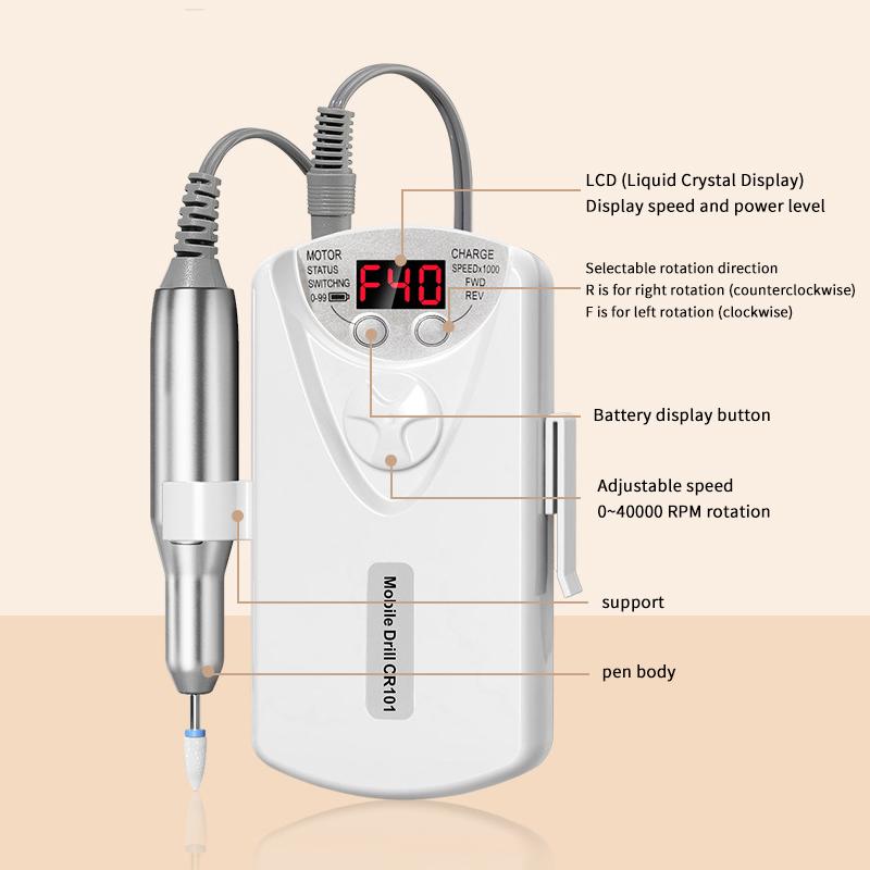 Electric Nail Drill Machine 40000RPM Rechargeable Portable Polishing Tool Kit For Gel Acrylic Nail Art At Home Salon