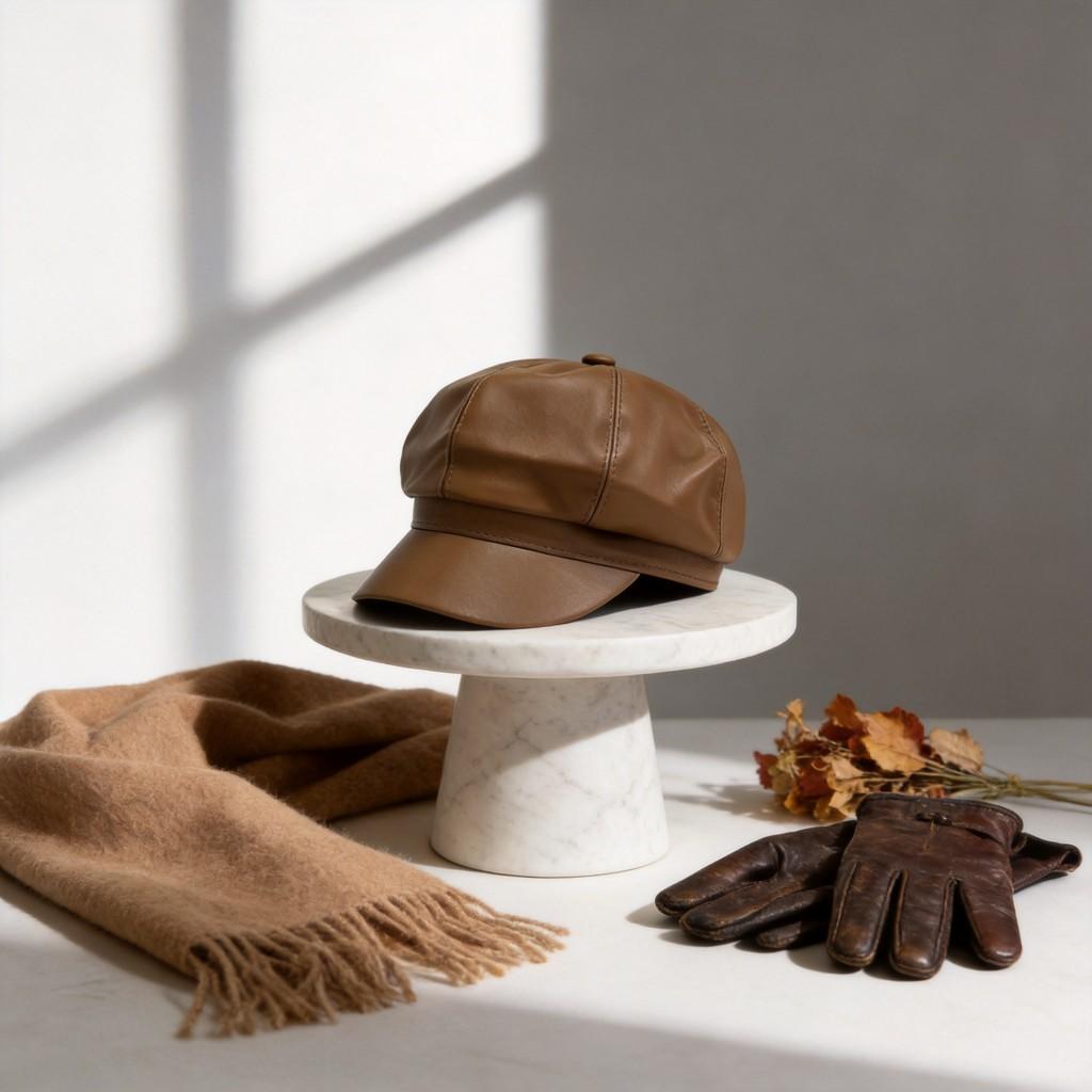 Pu Leather Octagonal Hat For Women Autumn Winter British Retro Newsboy Cap With Sun Protection And Warmth