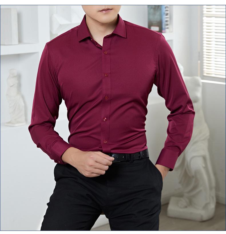 Men's Slim Fit Non-Iron Long Sleeve Shirt – Four-Way Stretch, No Pocket, Spring/Autumn Style