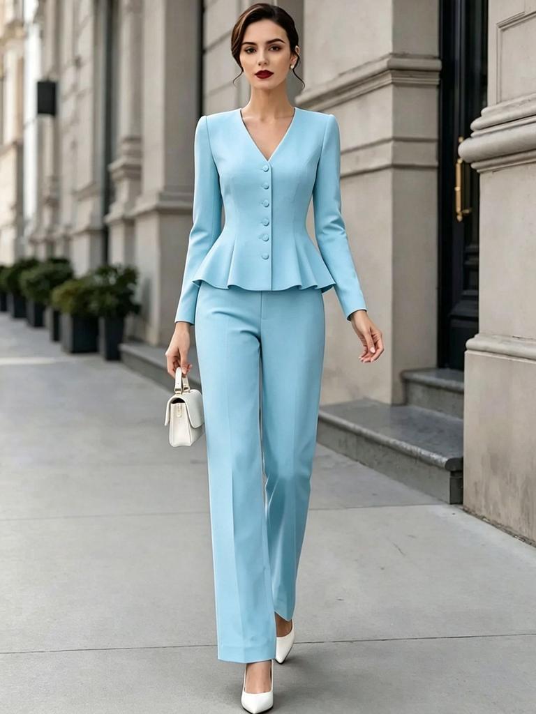 2026 new V-neck linen waist lotus leaf pendulum set European and American commuter long-sleeved two-piece set for women