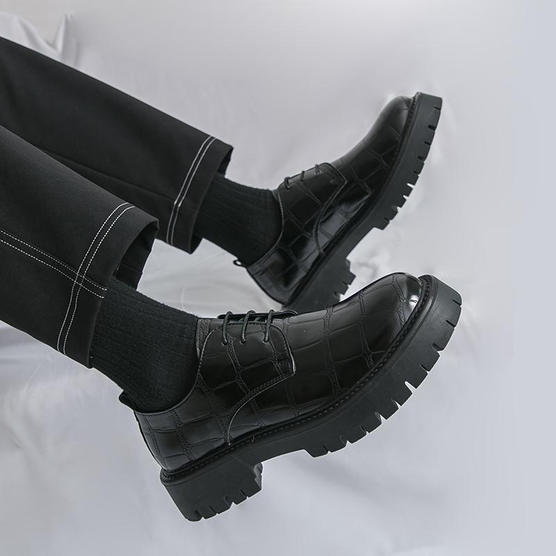 Fashion Retro Checkered Derby Shoes Man Platform Leather Casual Shoes For Men Big Size Lace Up Thick Bottom Heightening Business Shoes