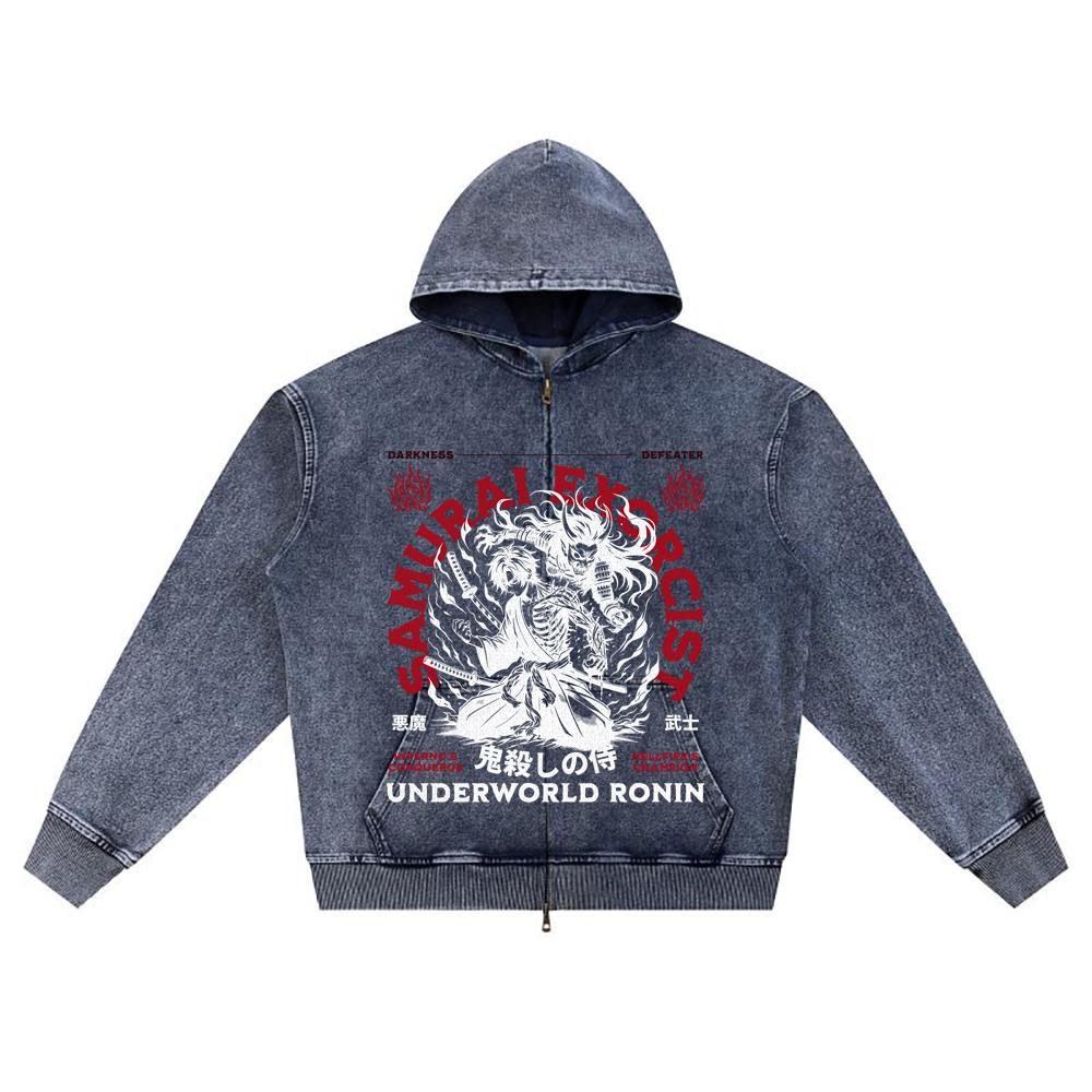 

Худи на молнии из вязаного денима с DTG-принтом, Япония, Самурай, Брат, Толстовки на молнии XL темно-синий