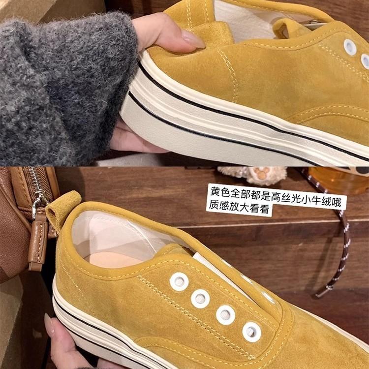 Cowhide version Su Yinyin of the same style, one-pedal leather round head thick sole height increase casual canvas shoes women's board shoes white sho