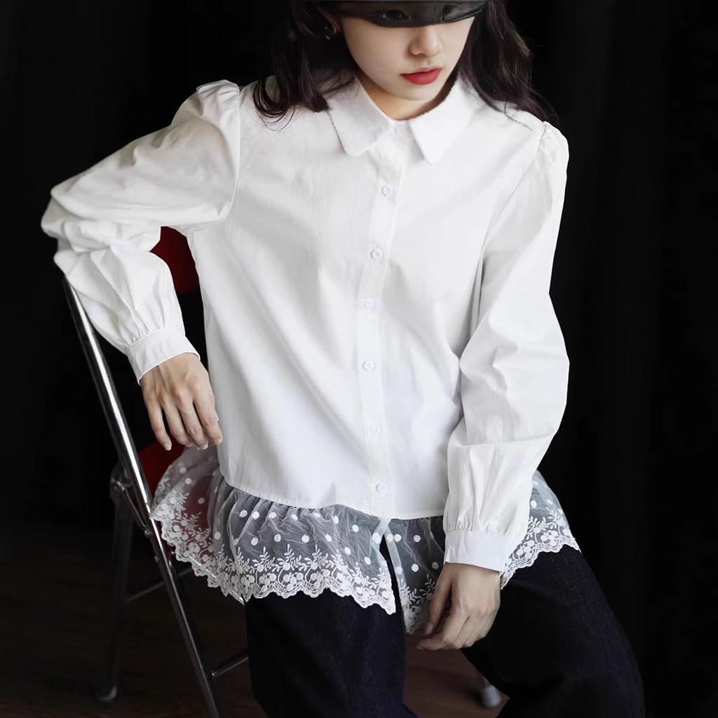 2025 Spring French White Lace Patchwork Shirt - Korean Style Retro Slimming Loose Long-Sleeved Women's Top
