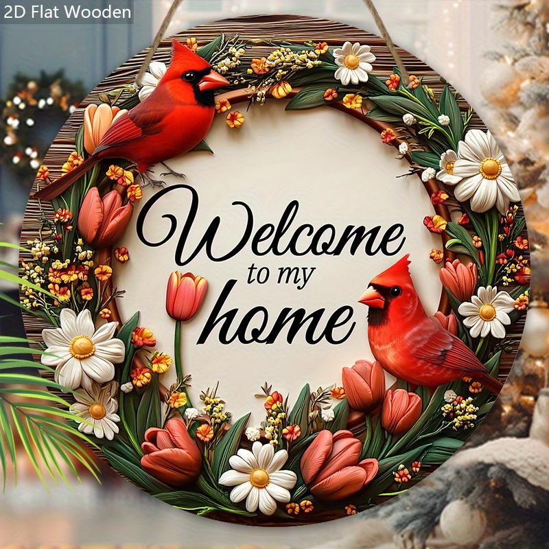 2D Flat Classic Cardinal Wooden Christmas Sign, Charming Decorative Plaque with Wreath Pattern, Ideal for Front Door, Home, Office Decor