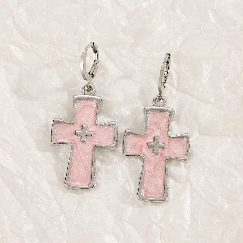 Goth Vintage Pink Crystal Cross Pendant Earring for Women Girl Irregular Oil Drip Ear Buckle Y2K Grunge Jewelry Accessories