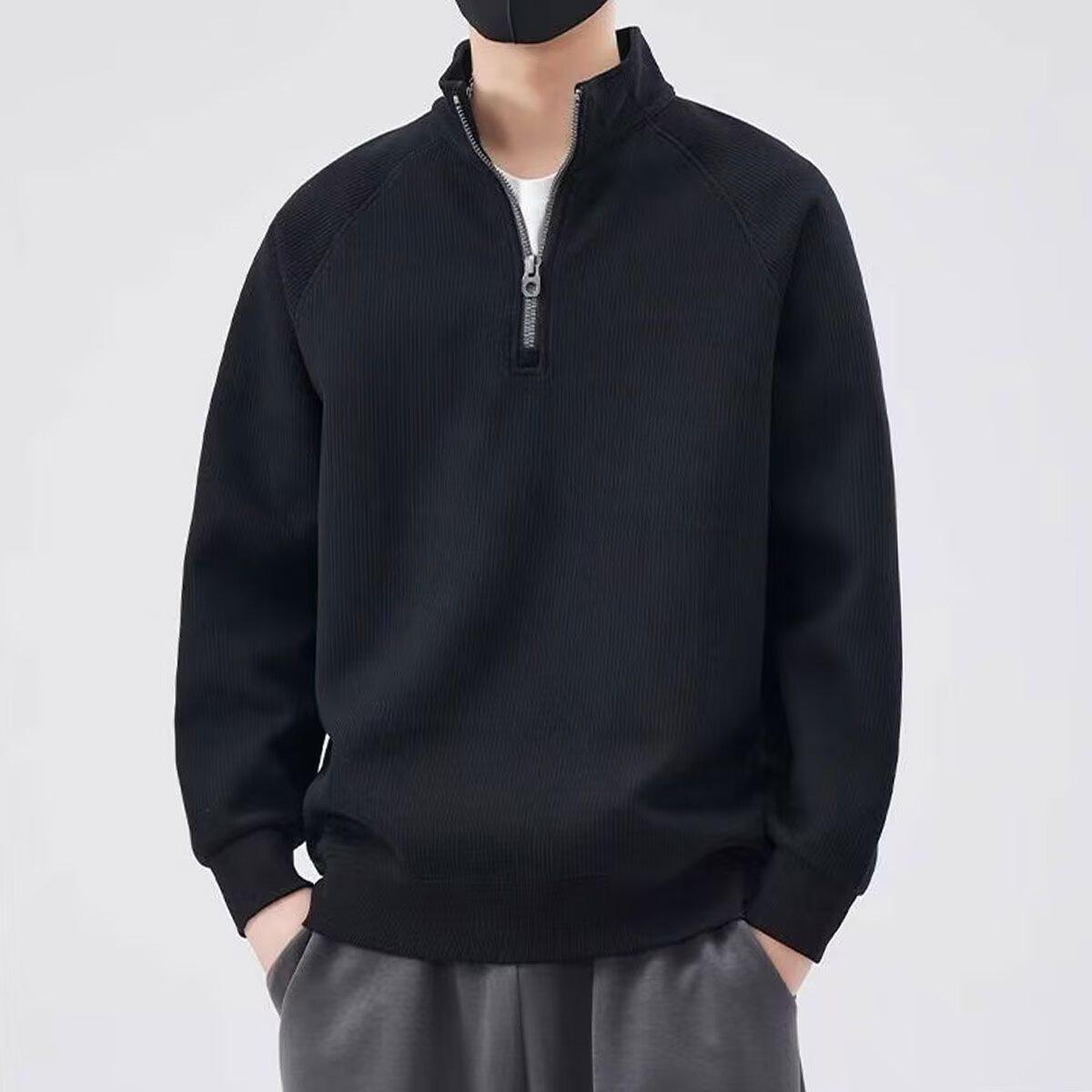 Men s Trendy Half-Zip Stand Collar Hoodie - Autumn/Winter Solid Color Loose Fit XL чёрный