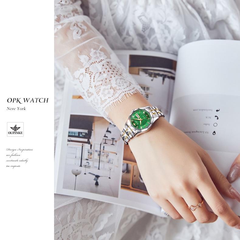 OUPINKE Montres en acier tungstène incrusté de diamants, montre mécanique automatique étanche pour femmes