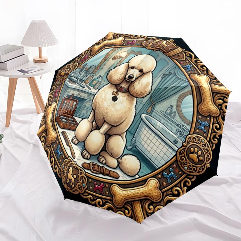 Royal Poodle Mirror Pattern Umbrella, Portable and Foldable Design, 8 Ribs, a Casual Accessory for Halloween, Christmas, and Birthday Gifts.