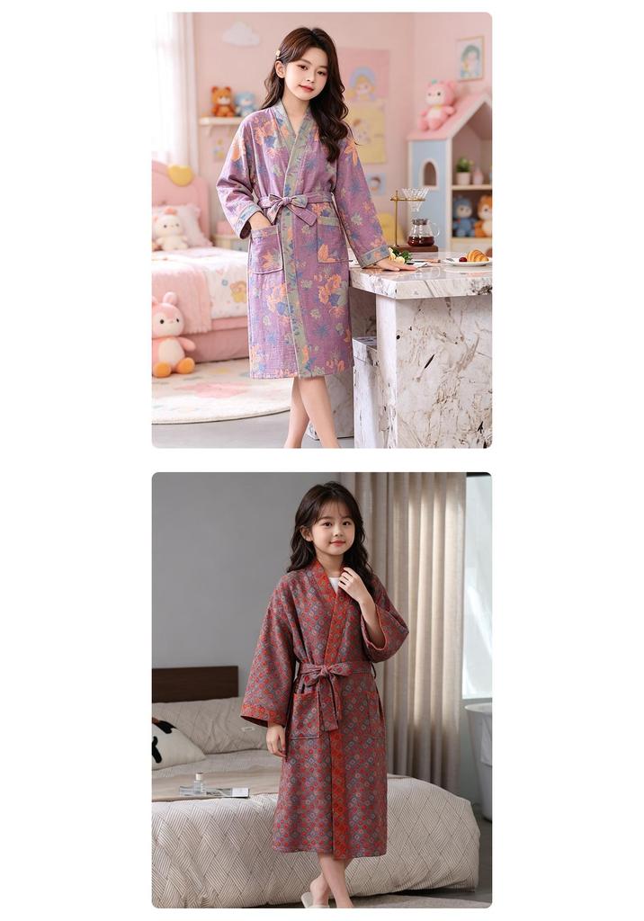Children's Pure Cotton Double-Layer Gauze Jacquard Kimono Pajamas with Long Sleeves