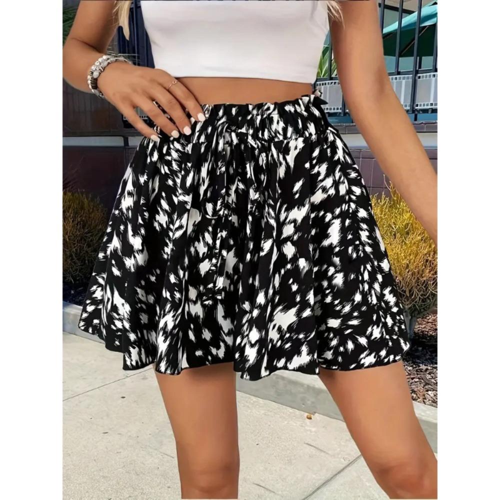Women's Summer Printed Wide-Leg Lace-Up Shorts, Fashionable and Elegant Vacation Beach Skirt Women's Beach Vacation Printed Mini Skirt