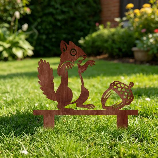 Garden Landscape Ornament Rusty Metal Squirrel with Acorn Stake, Cute Animal Silhouette Sculpture, Decor Decorative Outside Yard Art for Patio