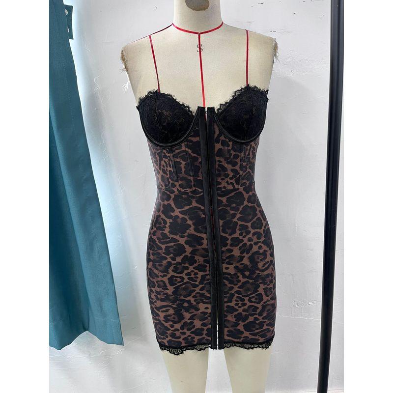 

Transitional Sexy Eyelash Lace Edge Leopard Print Print Wrap-around Gyaru Chest Emphasizing Steel Ring Fishbone Breasted Slim fit Hip Skirt Leopard print L