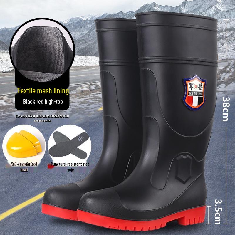 Jun Deng Men's High-Top Waterproof Anti-Smash Puncture-Resistant Work Boots - Durable, Thick-Soled Rain Boots for Construction Sites.