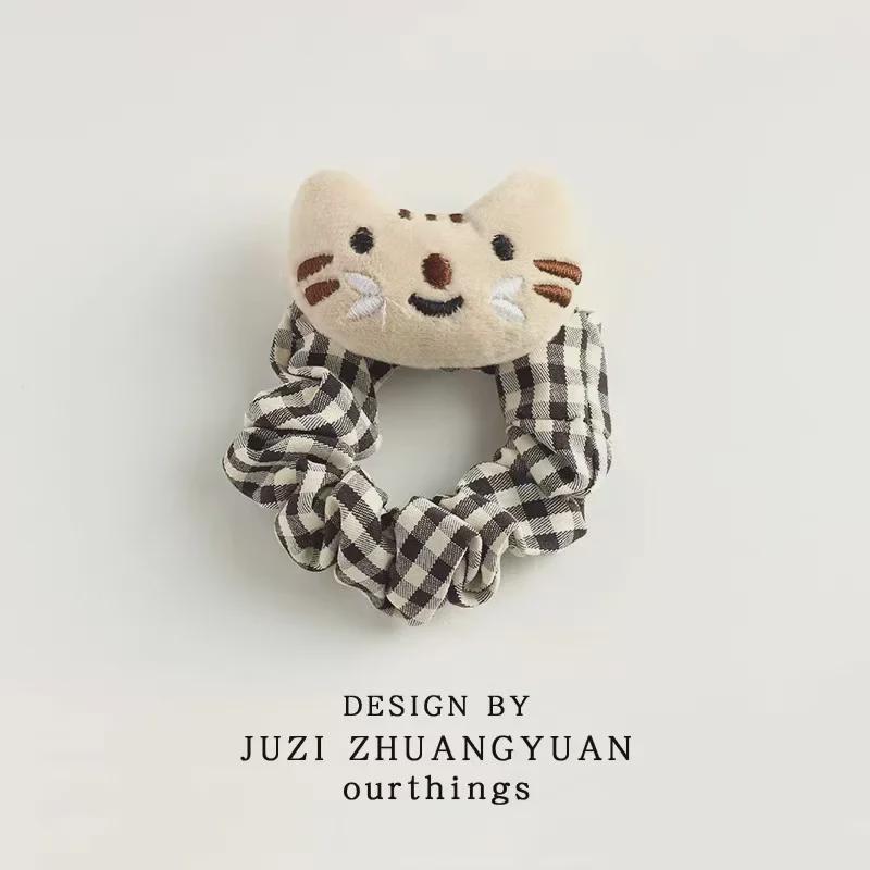 Sada kostkovaných čelenek a sponek do vlasů s kreslenou kočkou a rybičkou na podzim/zimu