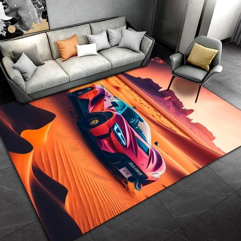 Large Size Car Themed Rug, Sports Car and Artistic Pattern Living Room Mat, Home Decor Carpet, Diverse Scene Floor Cover