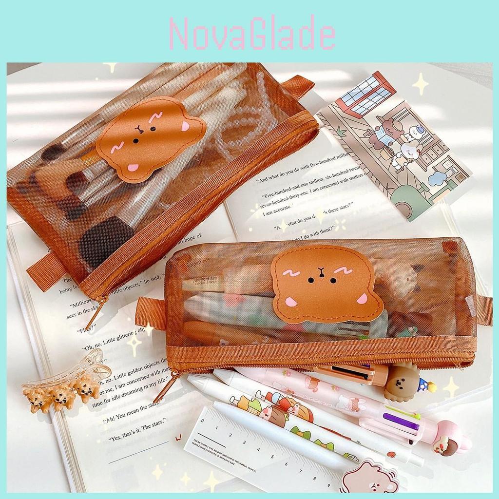 Cute Bear Mesh Pencil Case With Large Capacity For School Supplies And Storage