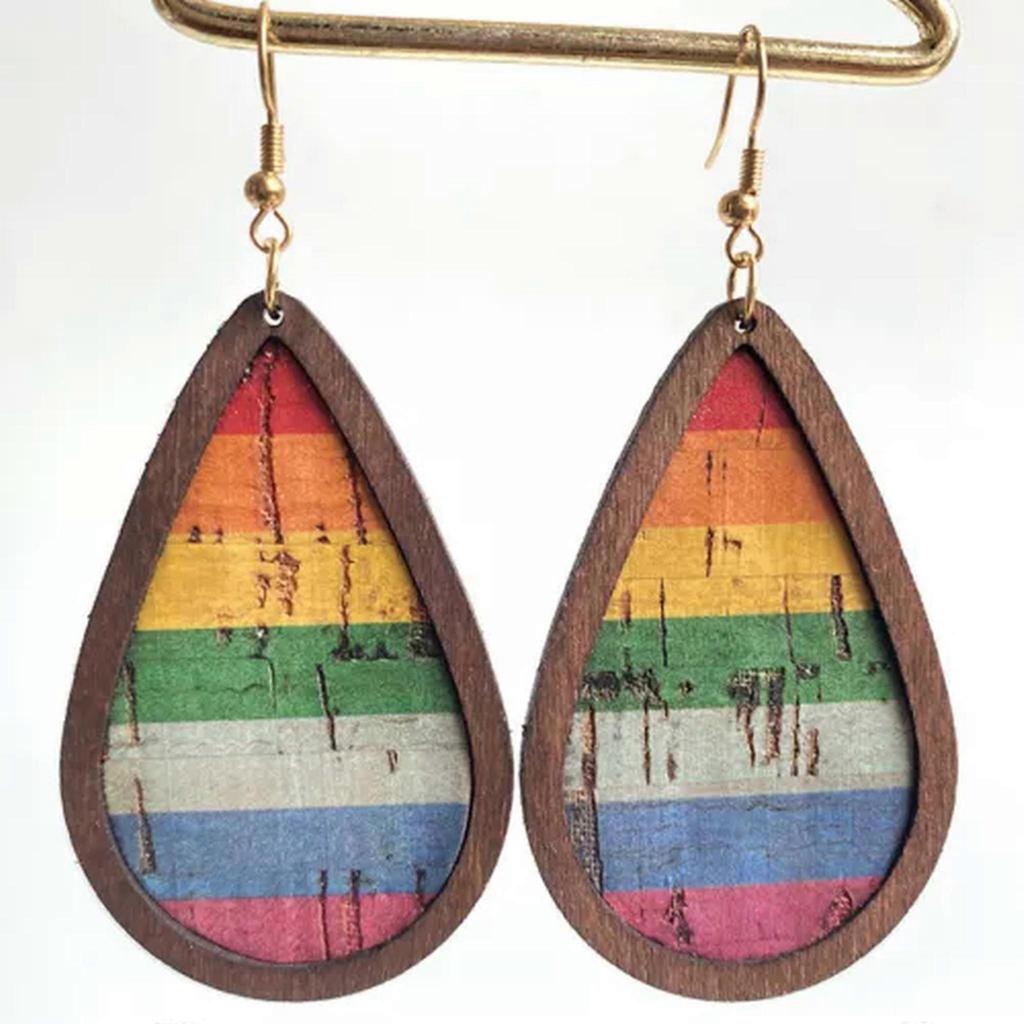RSAMD Retro Vintage Print Cork Leather and Wood Teardrop Statement Women Earrings-#3