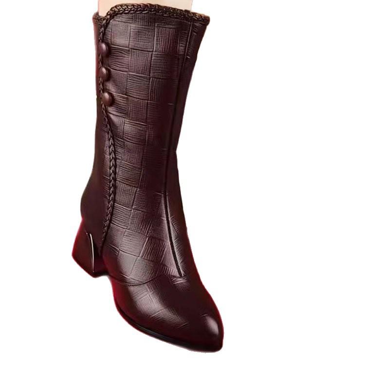 Kortstøvletter med grov hæl for kvinners nye vintermodeller i 2025, fôrede og fortykkede middels høye støvletter, varm og sklisikker mor-bomullsstøvlett med tykk hæl