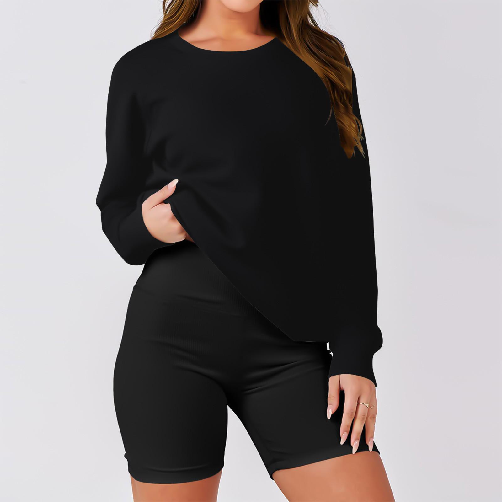 Женская однотонная двойная толстовка с длинными рукавами и круглым вырезом, повседневная удобная свободная легкая женская толстовка S чёрный