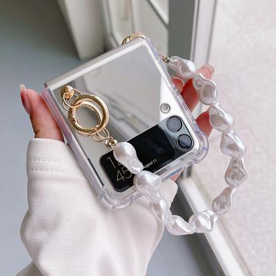 Diy Portable Irregular Pearl Hand Chain Makeup Mirror Shockproof Phone Case For Samsung Galaxy Z Flip 3 5g Cover