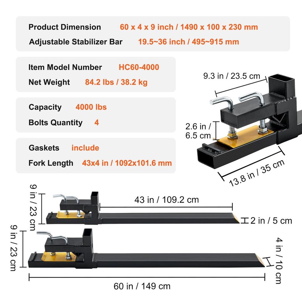 Pallet Forks, 4000 Lbs Capacity Clamp On Pallet Forks, 60" Tractor Bucket Forks, Heavy Duty Front Loader Attachment for Tractor, Loader Bucket, Skid