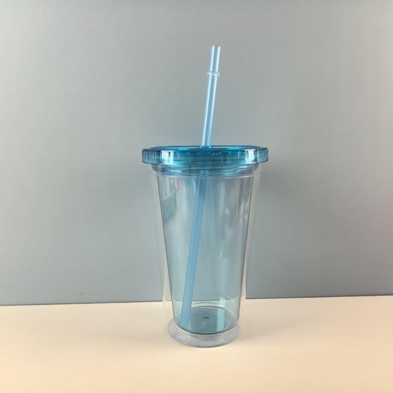 1PC 450ml Plastic Straw Cup Double Layer Transparent Drinking Cup Reusable Cold Cup Plastic Straw Tumbler with Straw and Lid