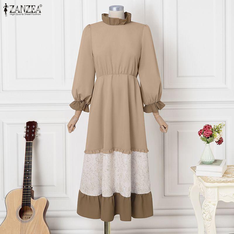 ZANZEA Women Casual Round Neck Loose Long Sleeve Splice Dress