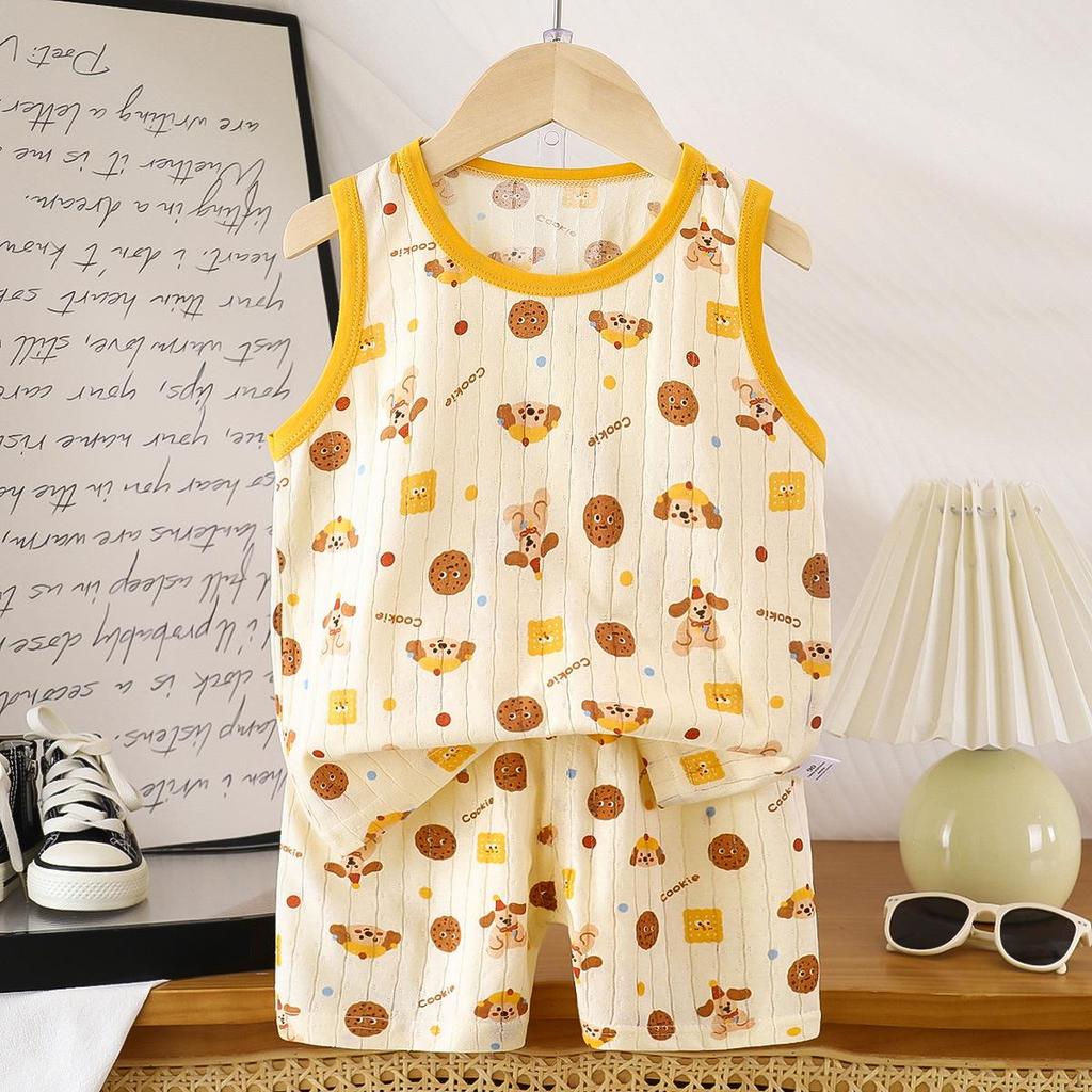 2026 Summer Children O-Neck Sleeveless Vest Suits Baby Spring Short Pants Two-pieces Set Cartoon Cotton Suit for Girl Boy