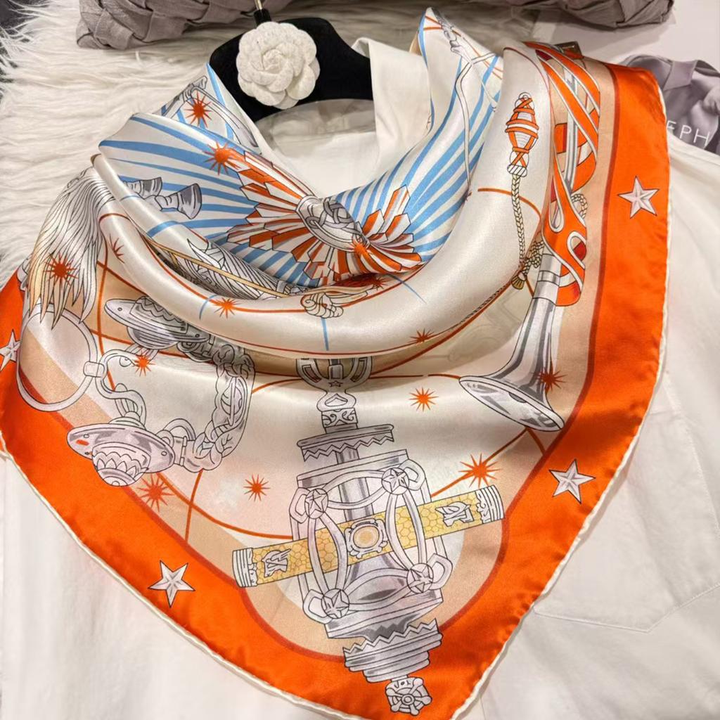 Orange White Women Pure Silk Scarves Hijabs Elegant Chain Design 100% Mulberry Silk Square Neck Scarf Shawl 86*86cm